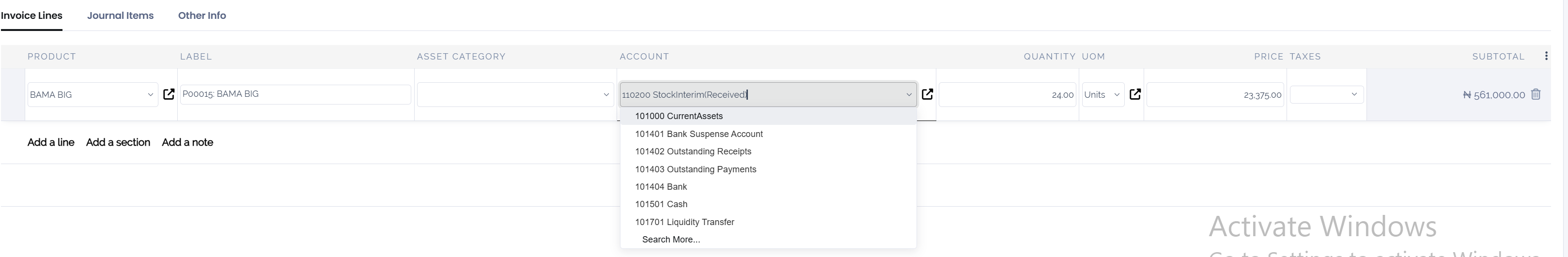 Selection of an Assets Account on a draft bill in Juniper Accounting