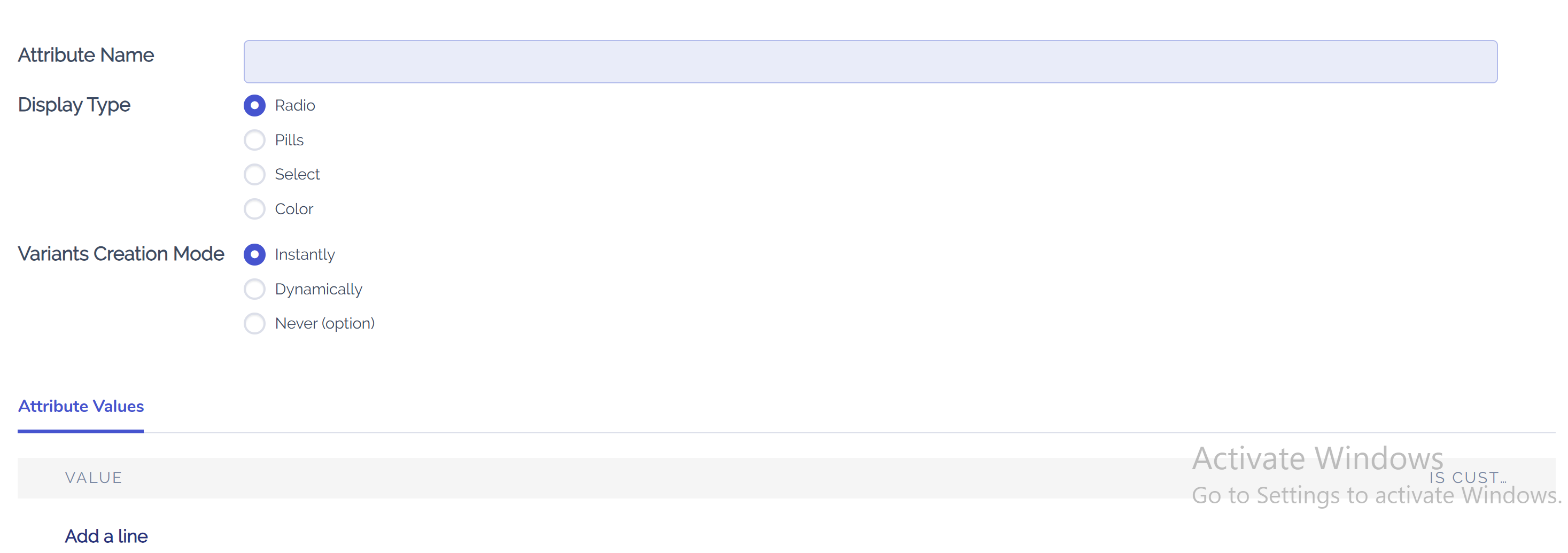 Attribute creation window.