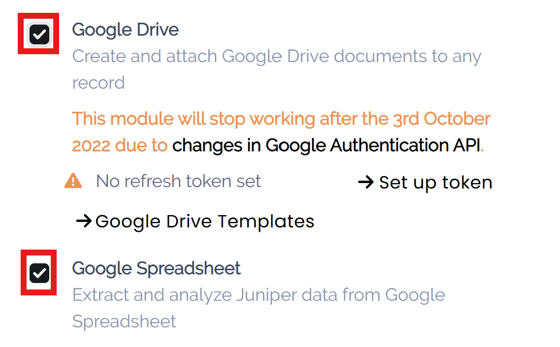 Enable the Google Drive and Google Spreadsheet features in Juniper
