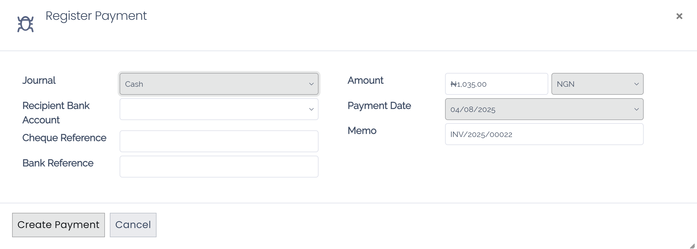 Select Cash journal upon payment registration.