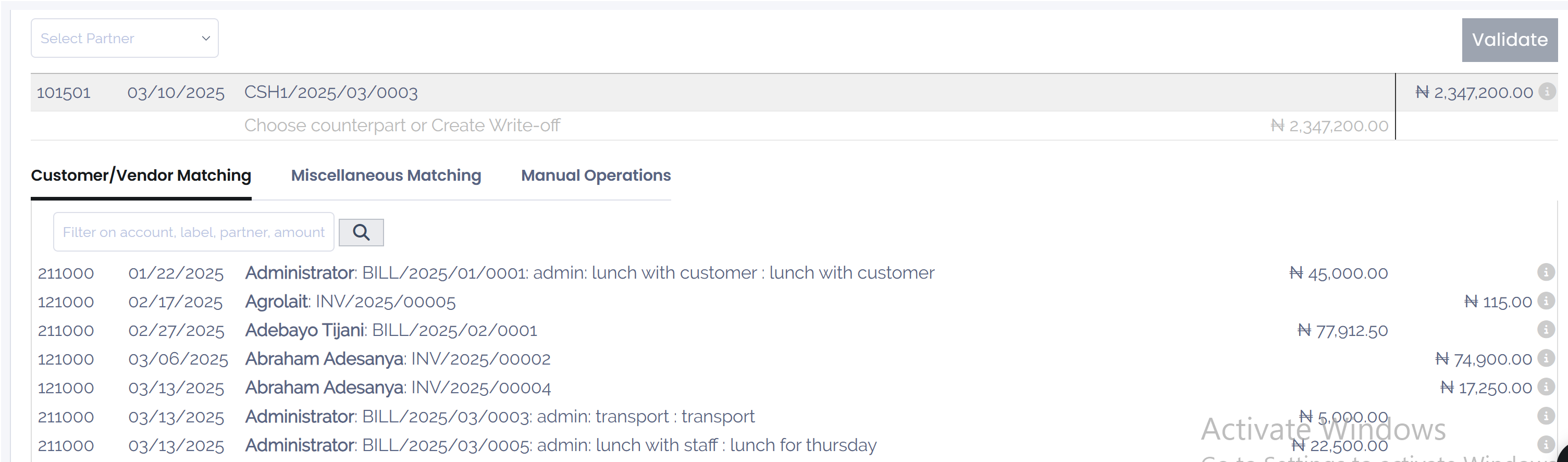 Cash payments reconciliation.