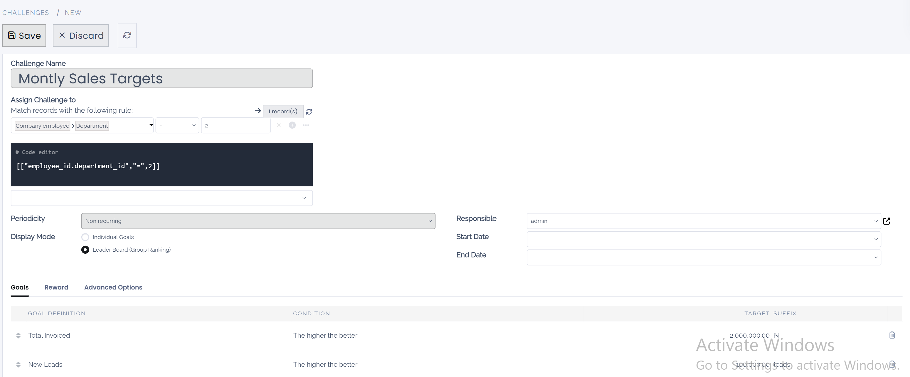 View of the challenge form and a challenge being created for Juniper Sales