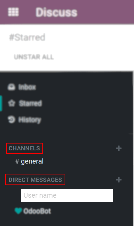 View of Discuss's panel emphasizing the titles channels and direct messages in Juniper Discuss.