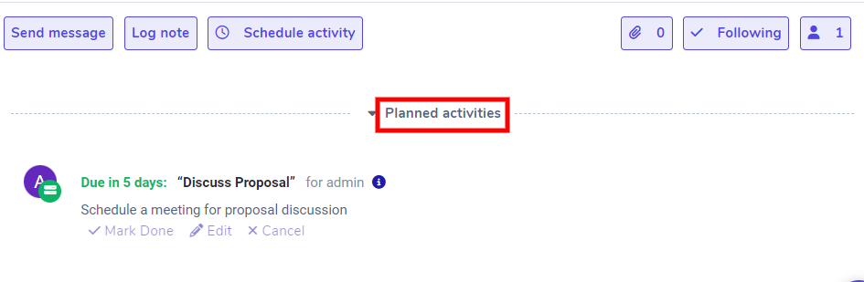 View of CRM leads and the option to schedule an activity.