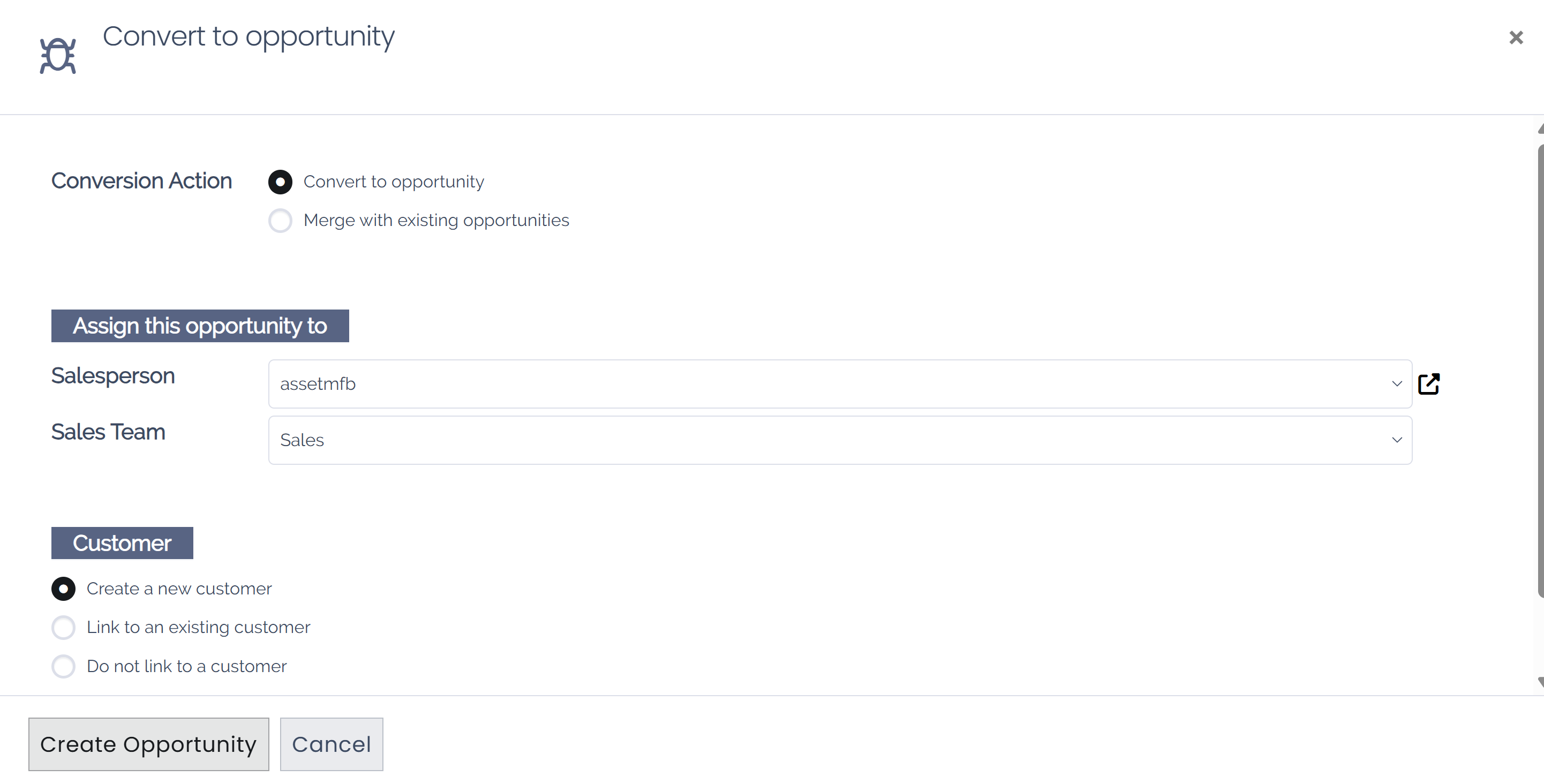 Create opportunity pop-up.