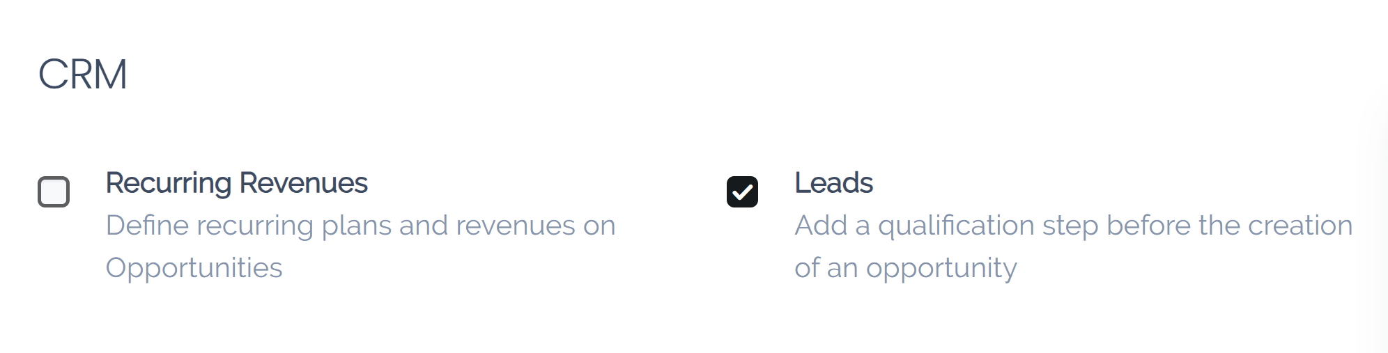Leads setting on CRM configuration page.