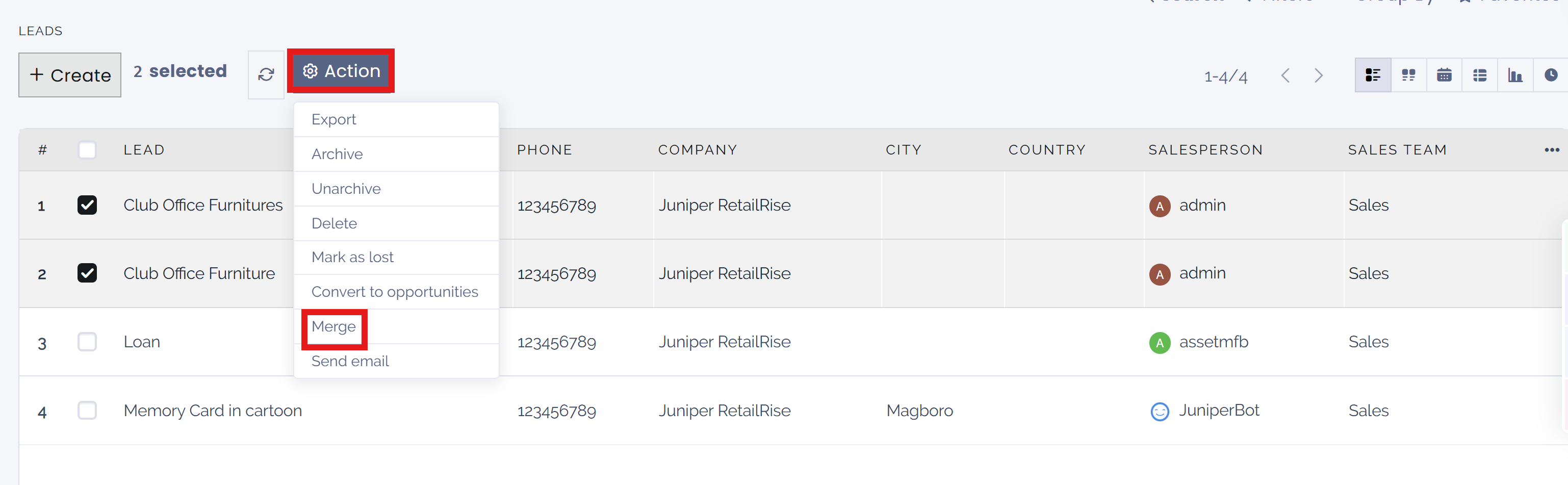 Merge option from action menu in list view.