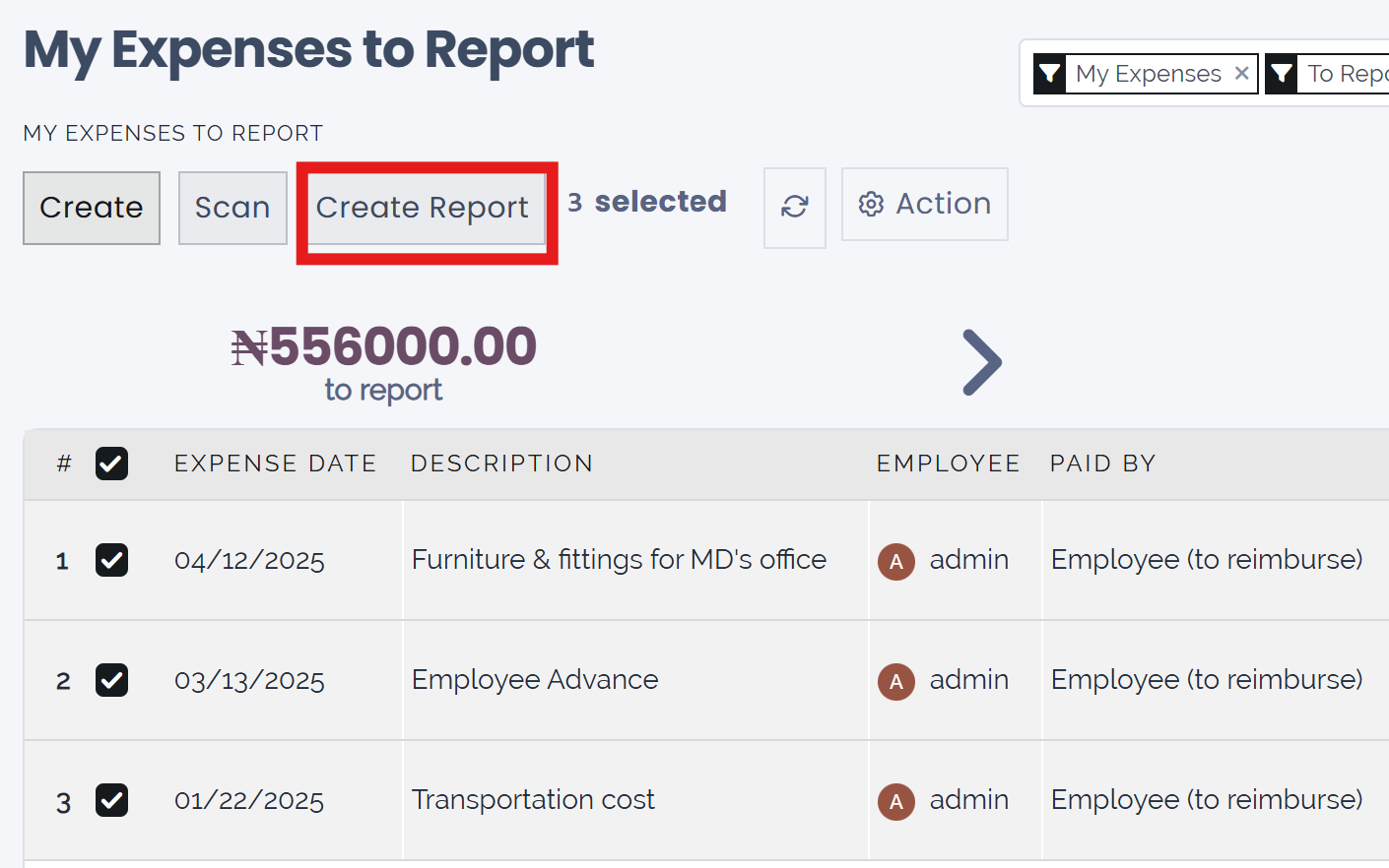 Select the expenses to submit, then create the report.