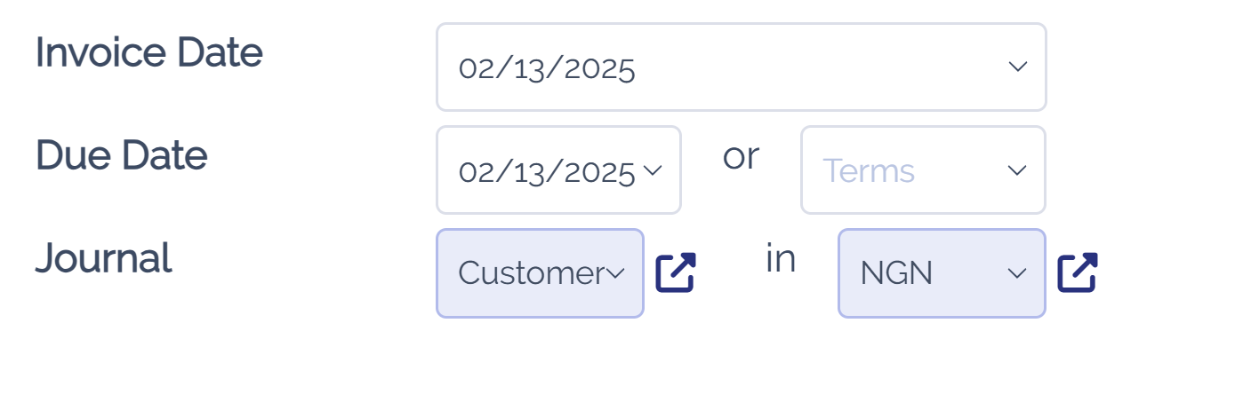 Select the currency and journal to use.
