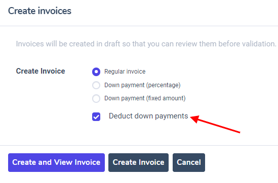 The deduct down payment option on the create invoices pop up in Juniper Sales.