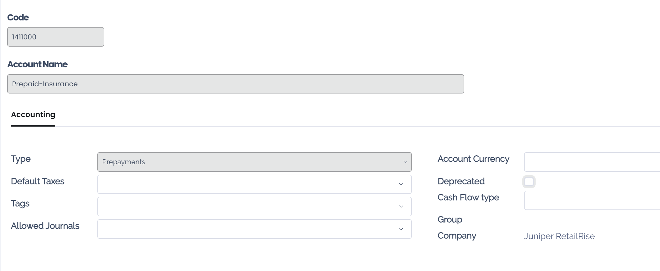 Configuration of a Deferred Expense Account in Juniper Accounting