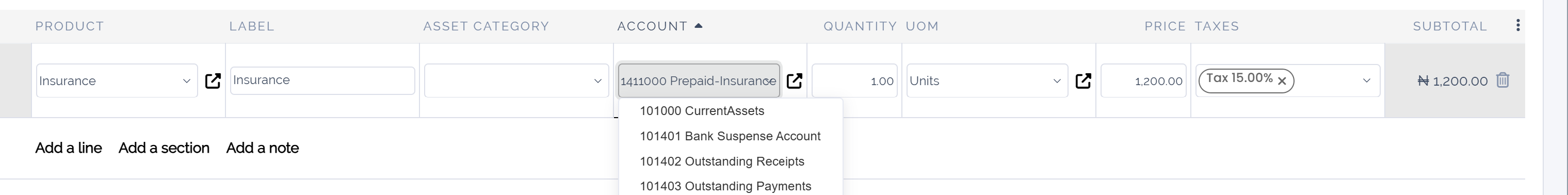 Selection of a Deferred Expense Account on a draft bill in Juniper Accounting