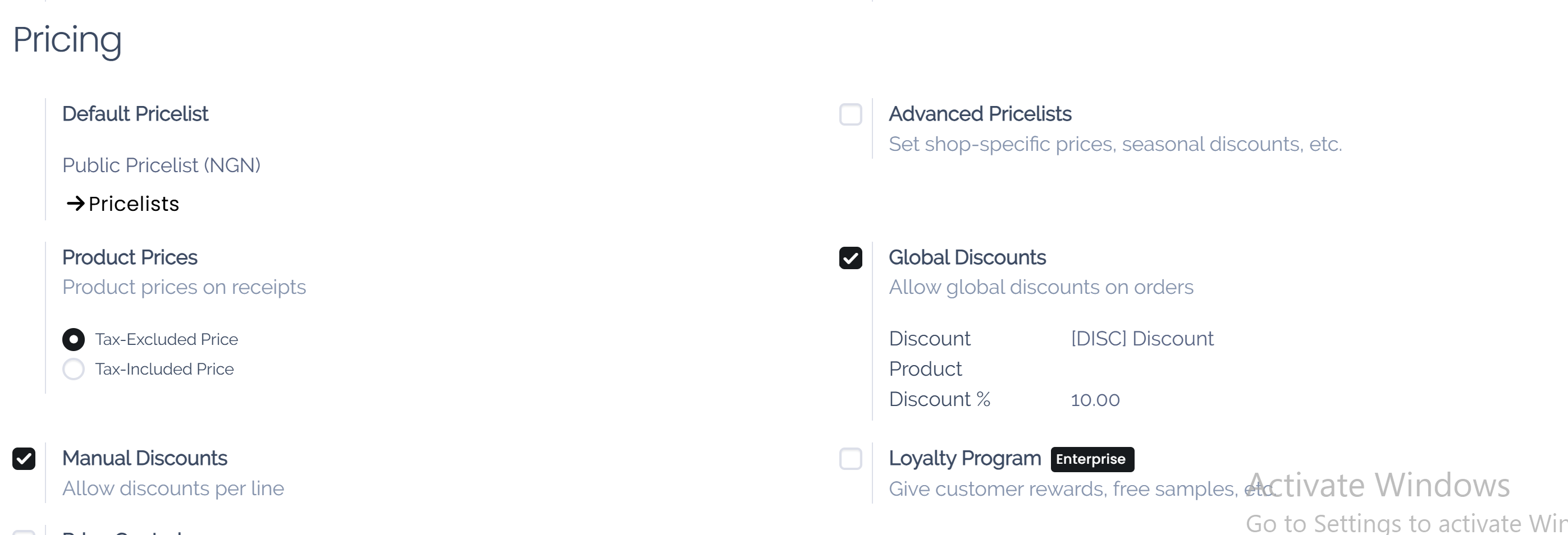 View of the feature to enable for global discount