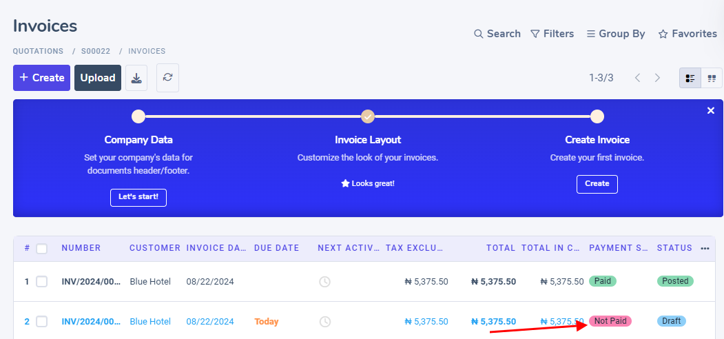 The down payment invoices page in Juniper Sales.