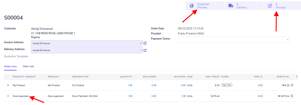 How the down payment is mentioned on the sales order in Juniper Sales.
