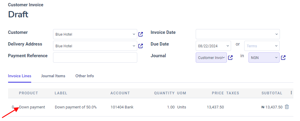 A sample draft invoice with down payment mentioned in Juniper Sales.