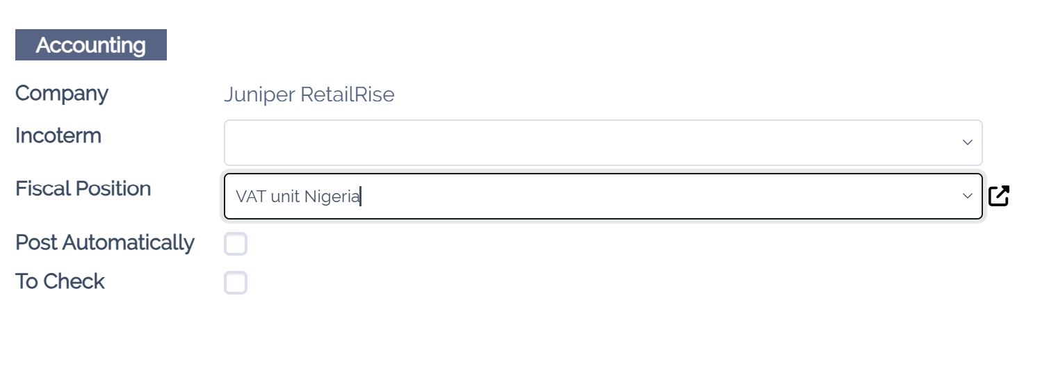Selection of a fiscal position on a sales order, invoice, or bill