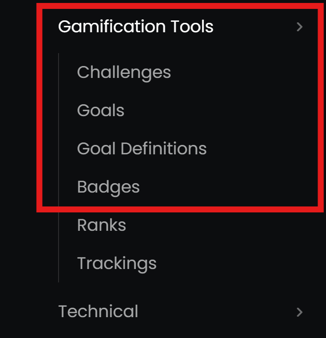 View if the gamification tools menu in Juniper Settings