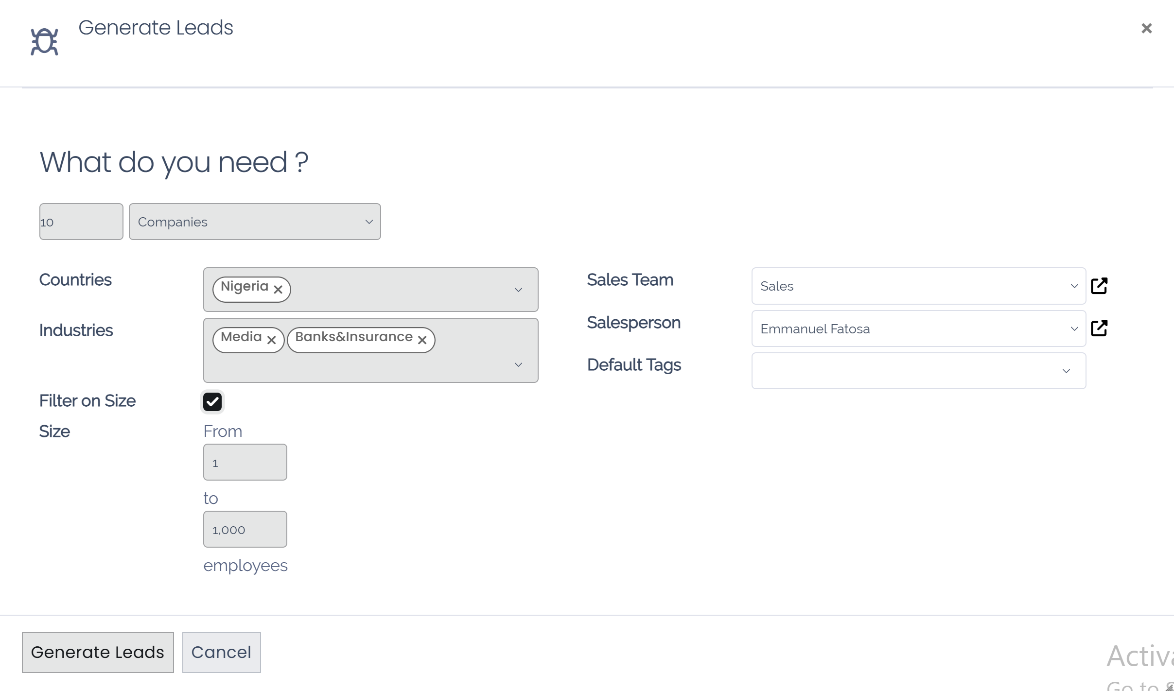 The pop-up window with the selection criteria in order to generate leads in Juniper.