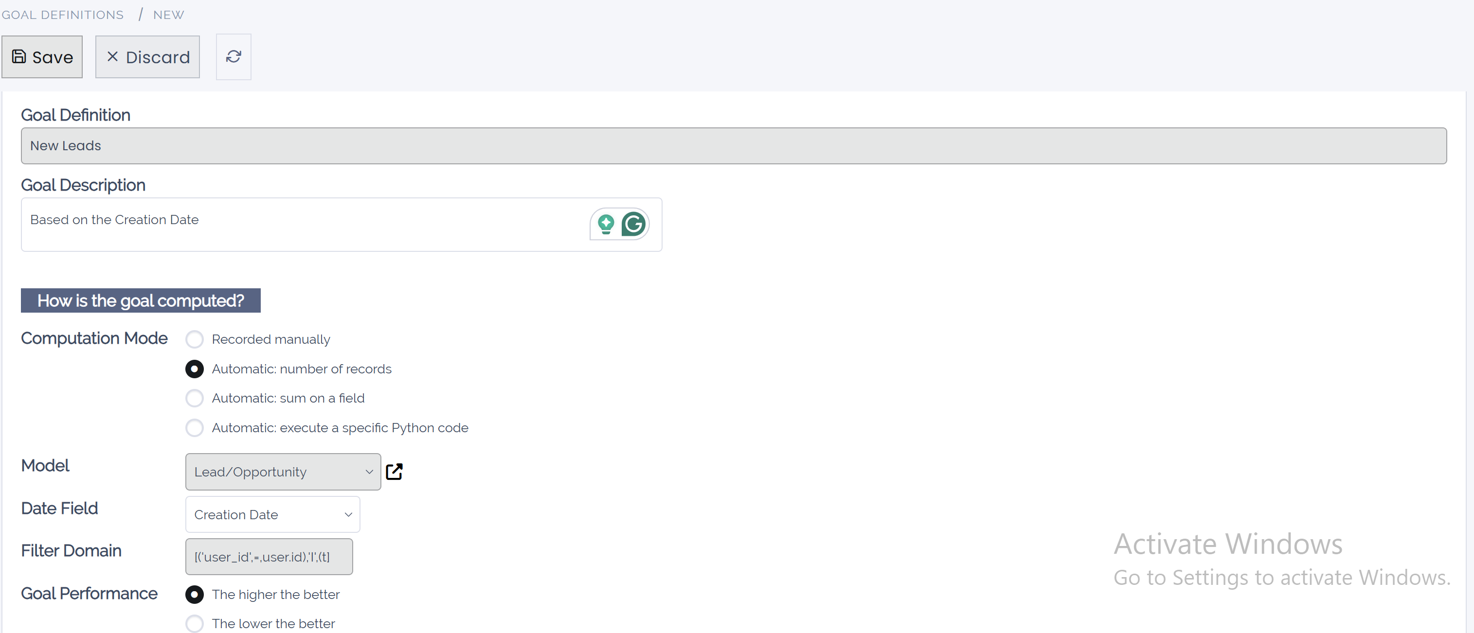 View of the goal definition form and a goal definition being created for Juniper Sales
