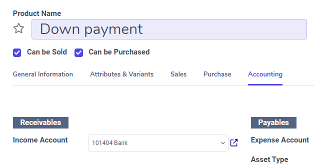 How to modify the income account link to down payments