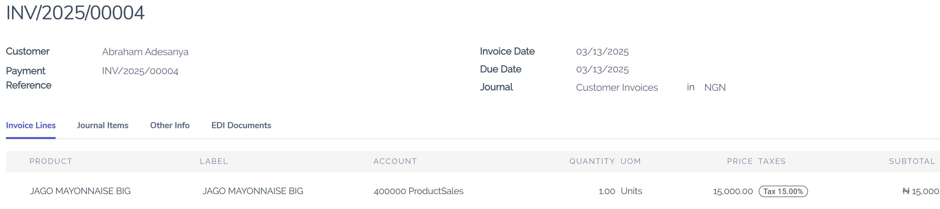 The Label on Invoices is displayed on each invoice line
