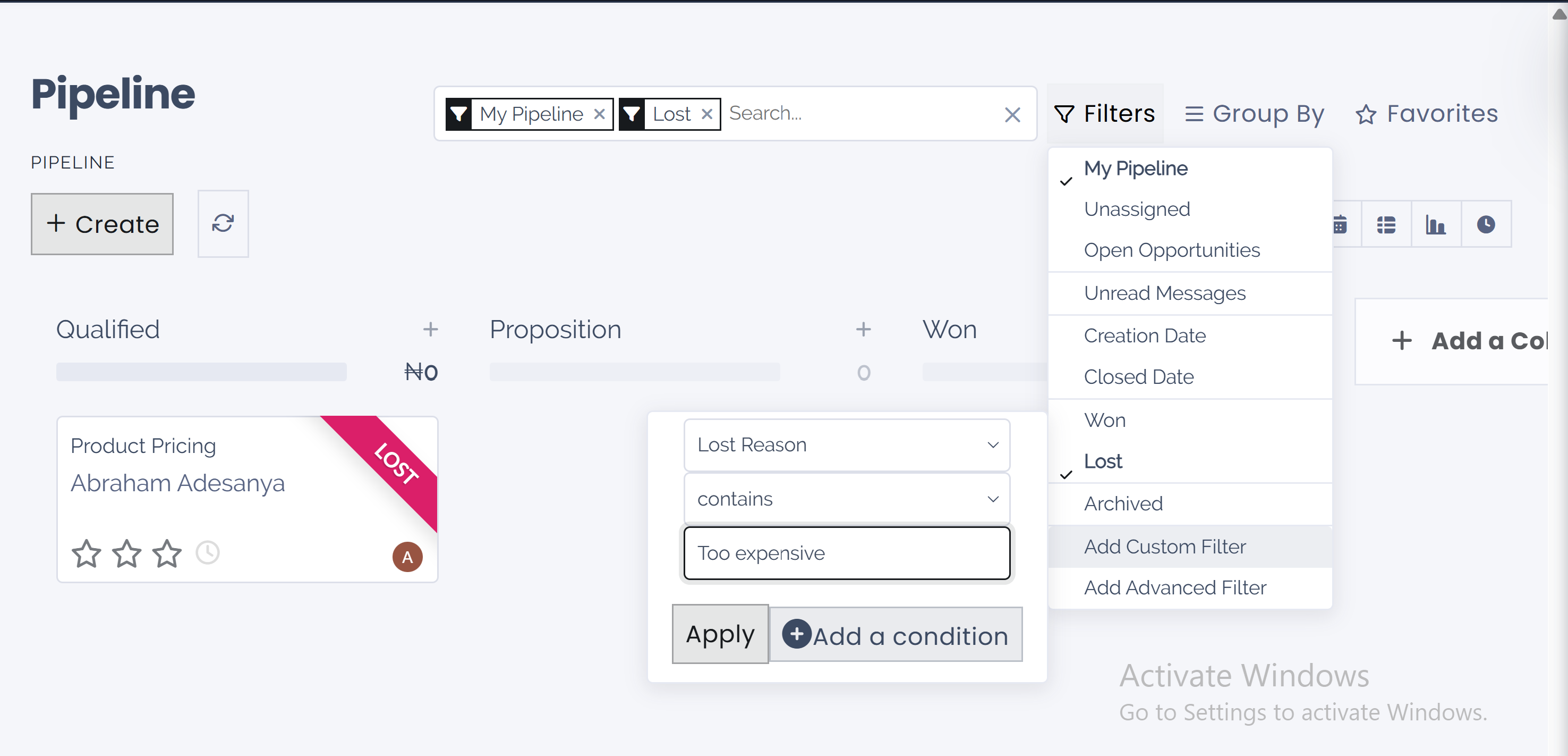 Search bar with custom filter added for lost reason.