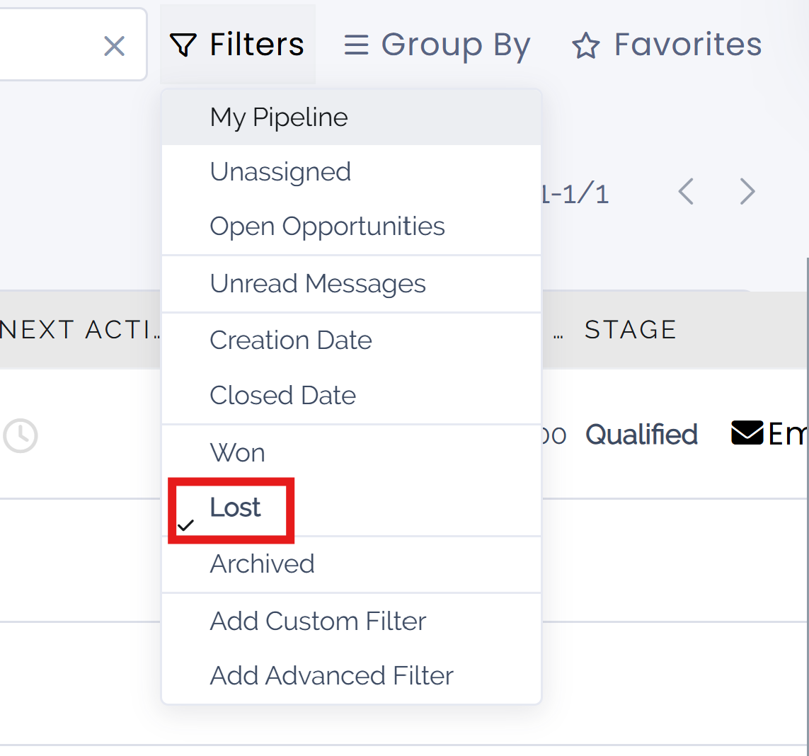 Search bar with lost filter emphasized.
