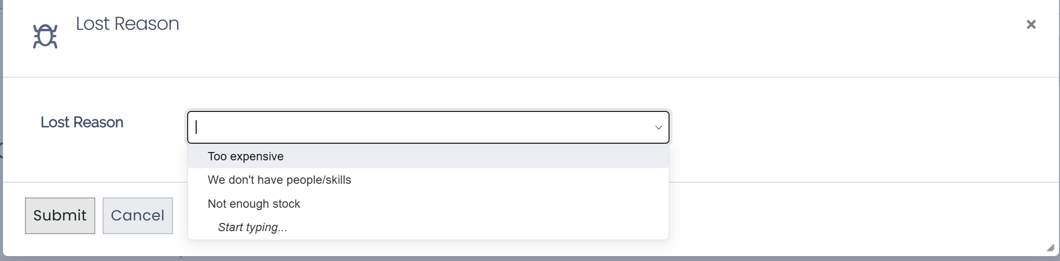 Lost reasons popup with sample reasons.
