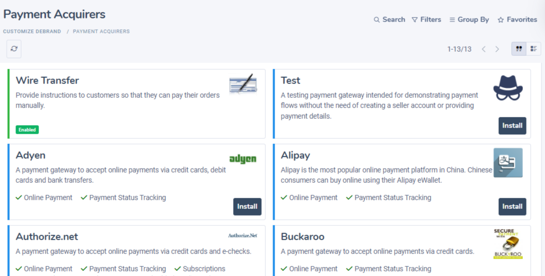 Payment acquirers page in the Juniper Sales application.