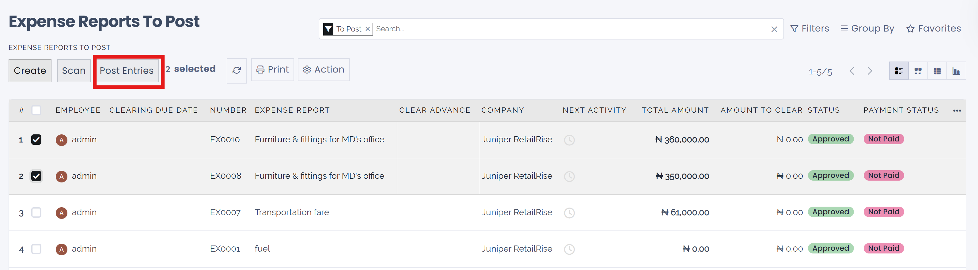 Post multiple reports from the Post Entries view.