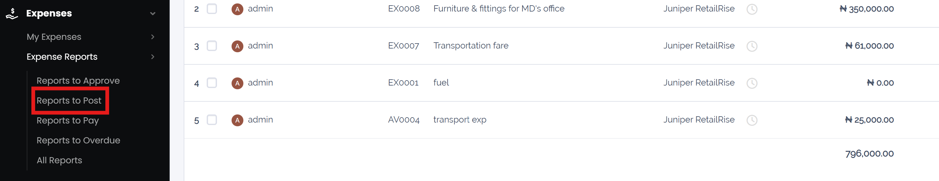 View reports to post by clicking on expense reports, then reports to post.