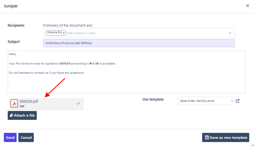 The email pop-up window that appears with pro-forma invoice attached in Juniper Sales.