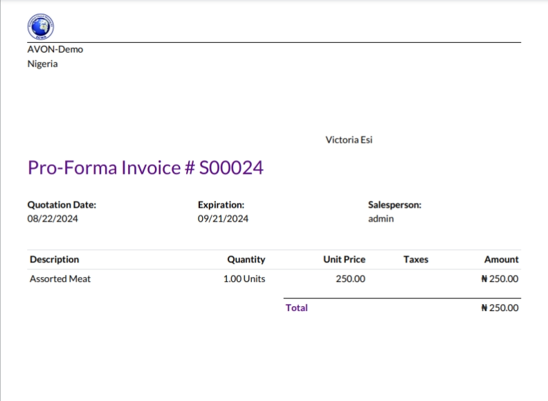 Sample pro-forma invoice PDF from Juniper Sales.