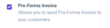 The Pro-Forma Invoice feature setting in the Juniper Sales application.