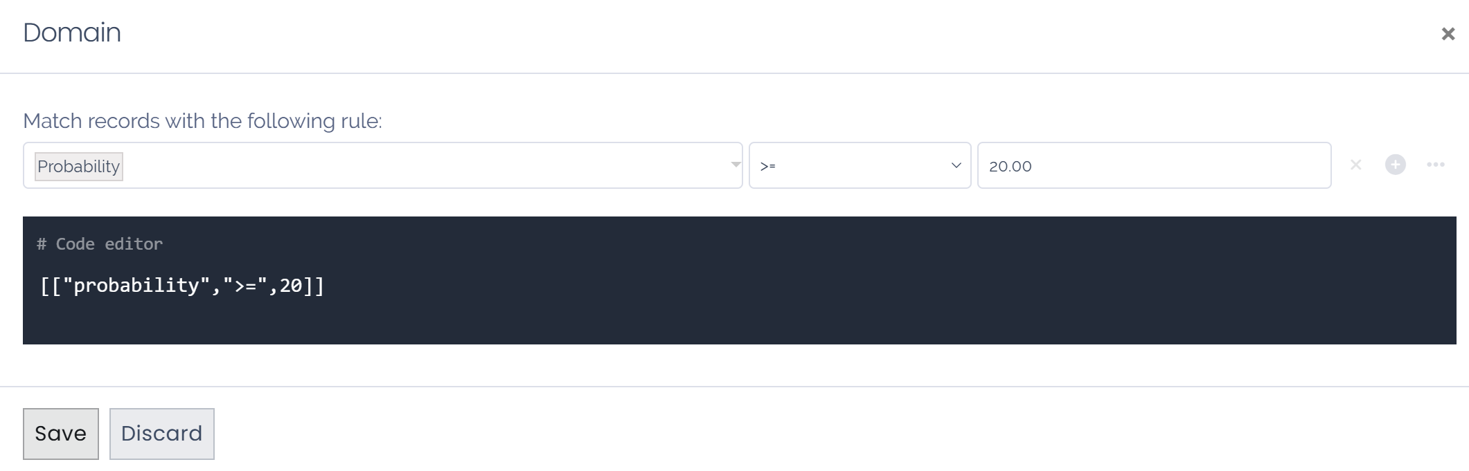 Sales team domain set to probability greater than or equal to twenty percent.