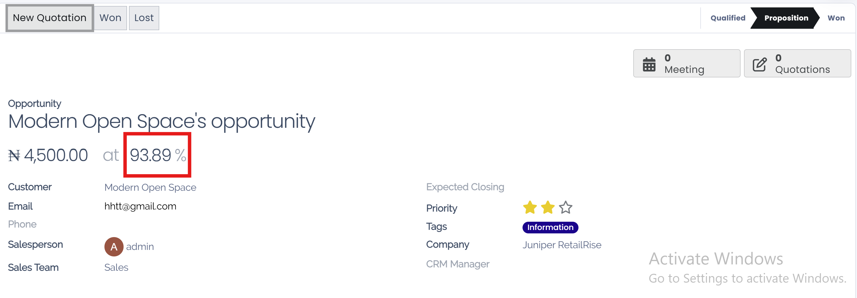 The probability of success displayed on the opportunity form.