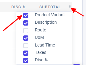 Product variant column option in order lines tab of quotation.