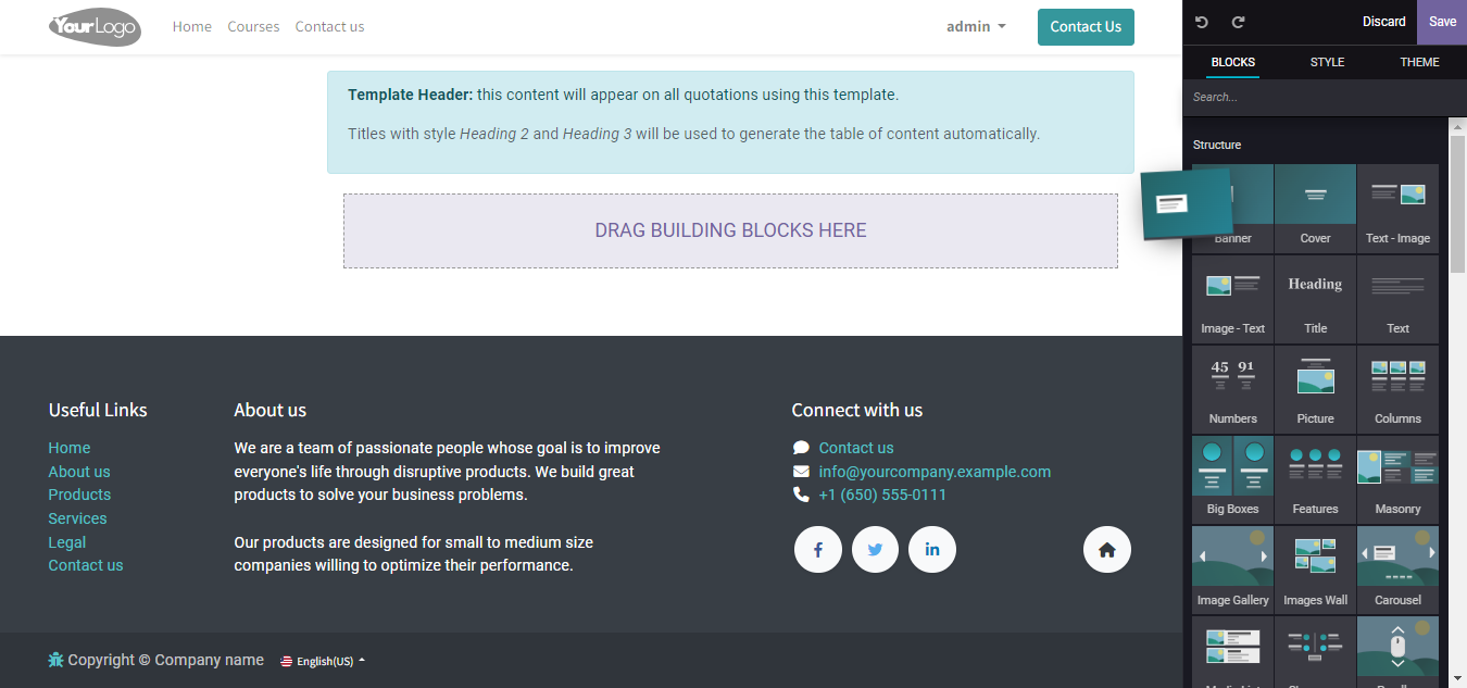 Drag and drop building blocks to create your quotation template on Juniper Sales.