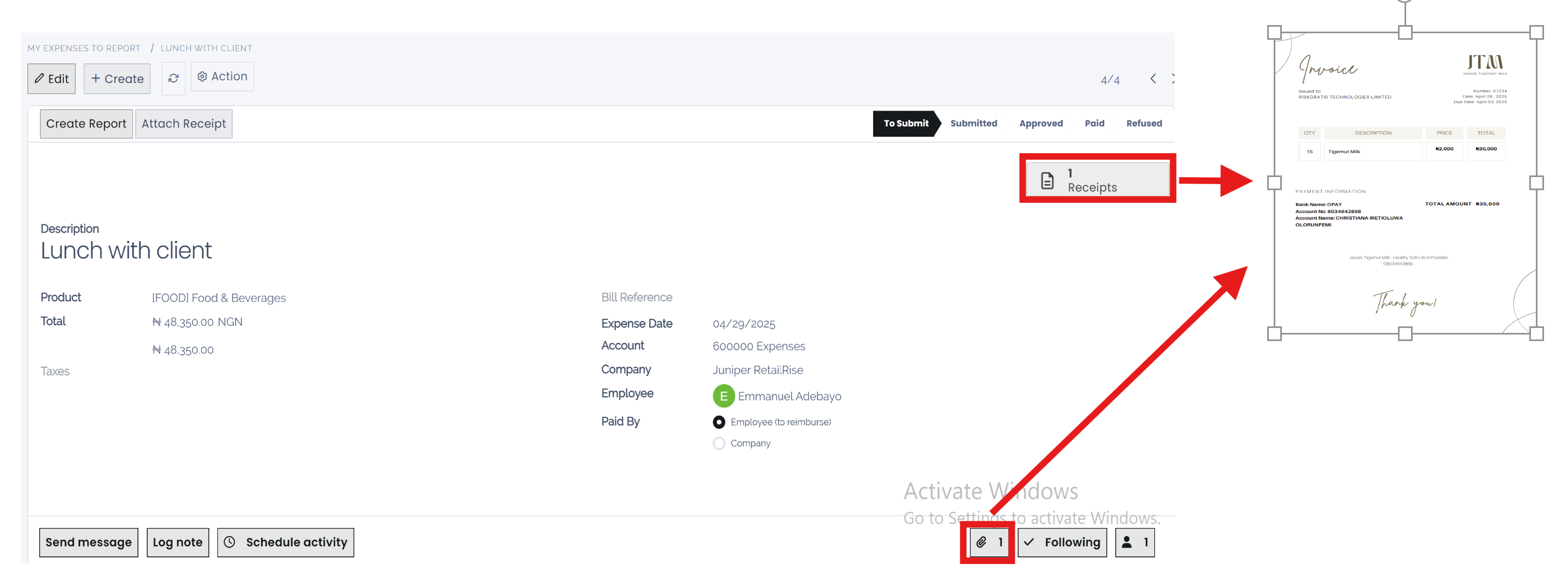 View receipts in the chatter and see how many receipts are attached byu looking at the paperclip icon in the chatter beneath the record.