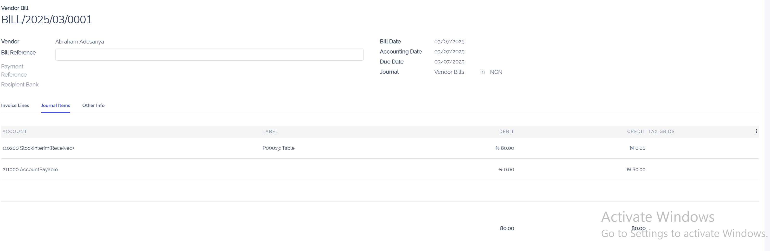 Show bill linked to the purchase order for 8 tables.