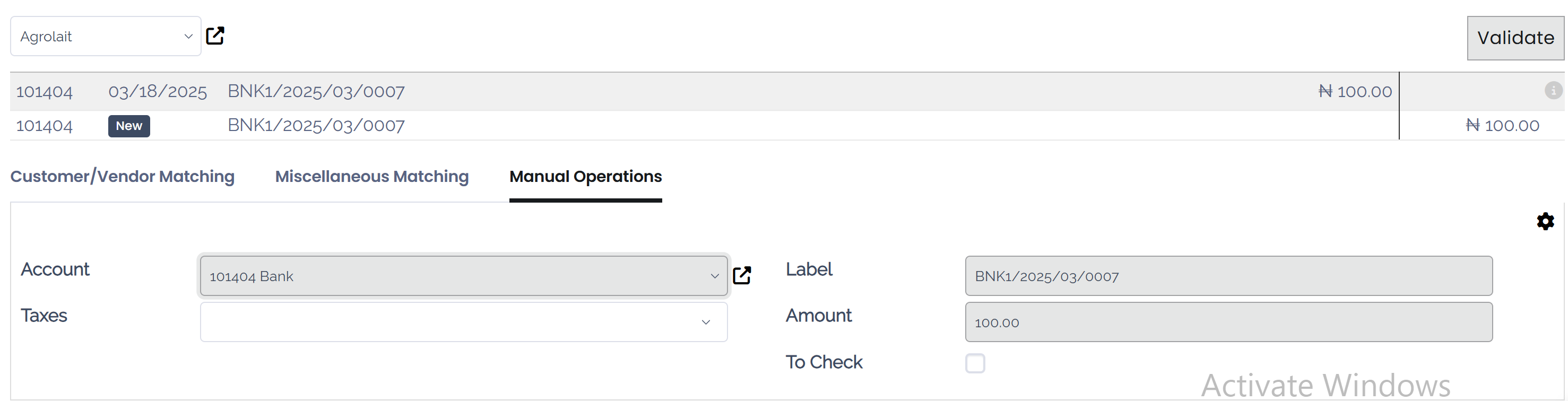 Example of a reconciliation model with a write-off button in Juniper Accounting.