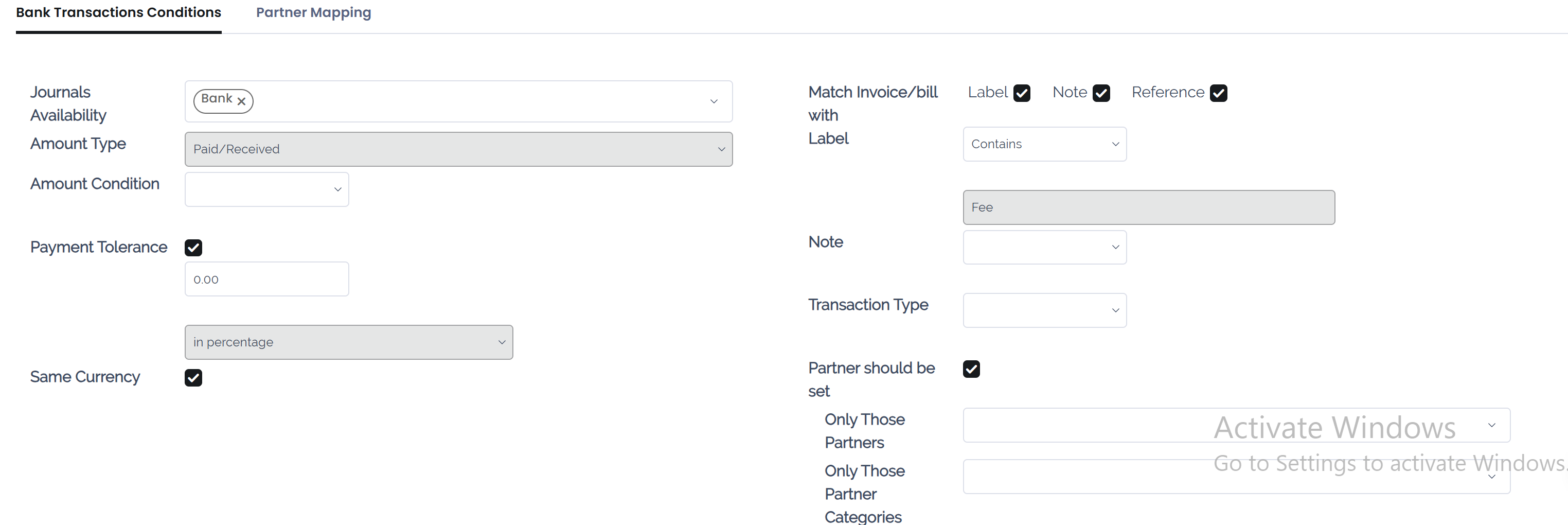 Conditions for the reconciliation model to be applied in Juniper Accounting.