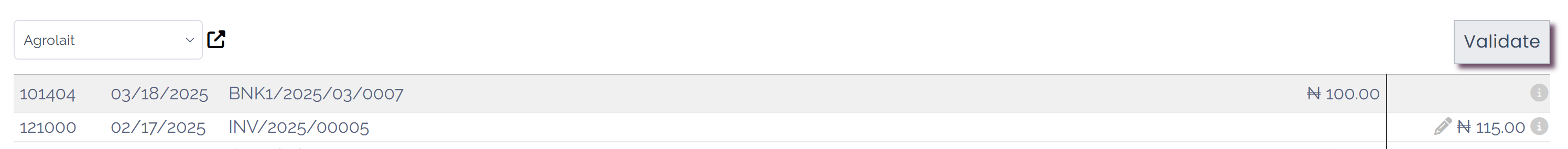 Example of a reconciliation model that matches existing invoices and bills automatically in Juniper Accounting.