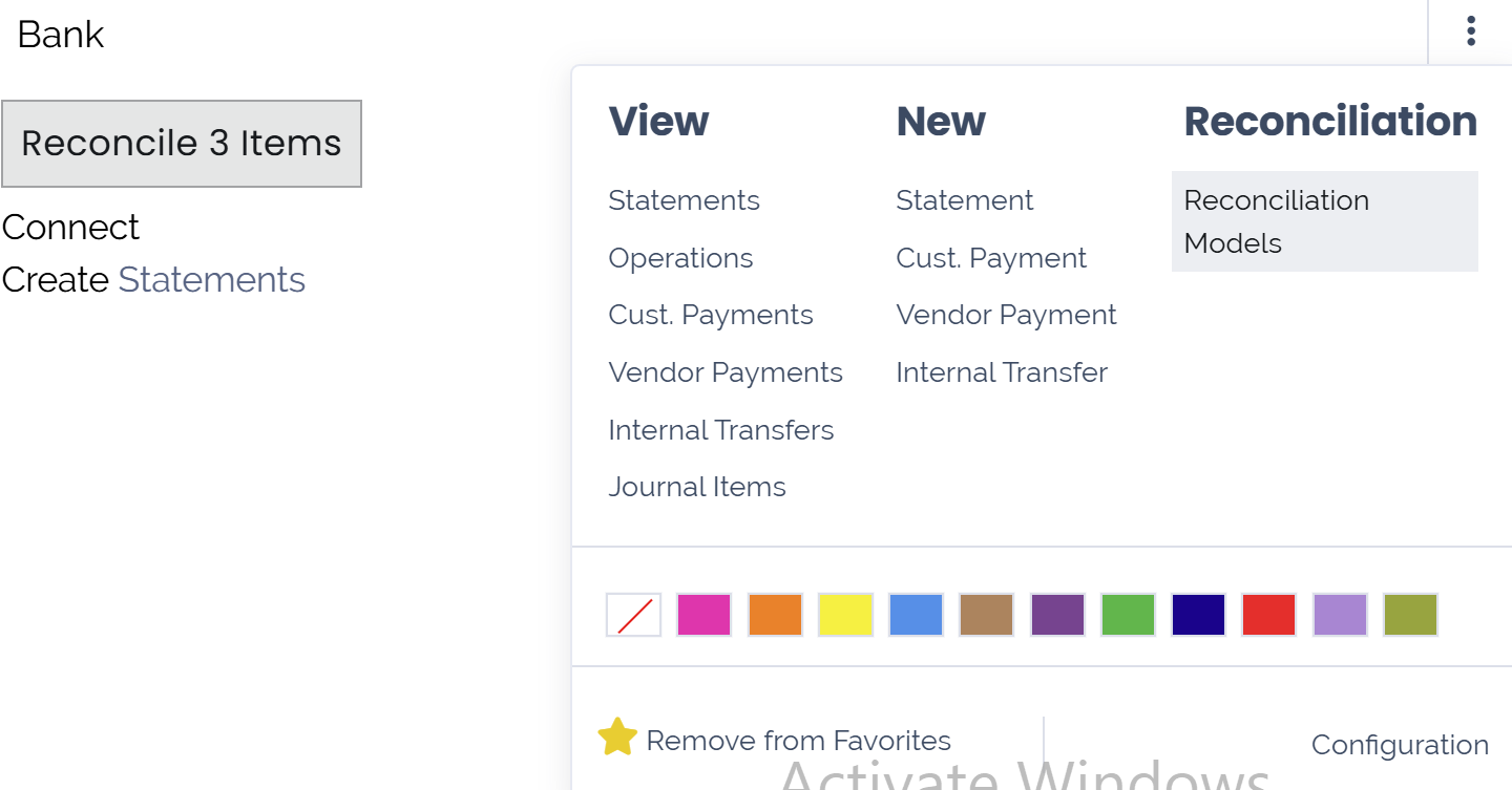 Open the reconciliation model menu from the overview dashboard in Juniper Accounting.