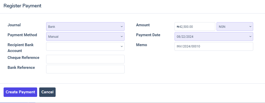 How the register payment pop up looks in Juniper Sales.