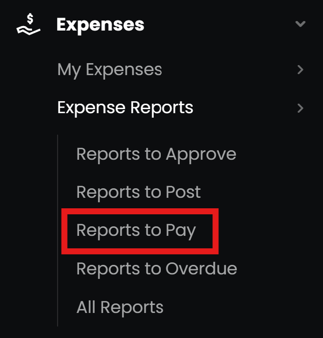 View reports to pay by clicking on expense reports, then reports to pay.