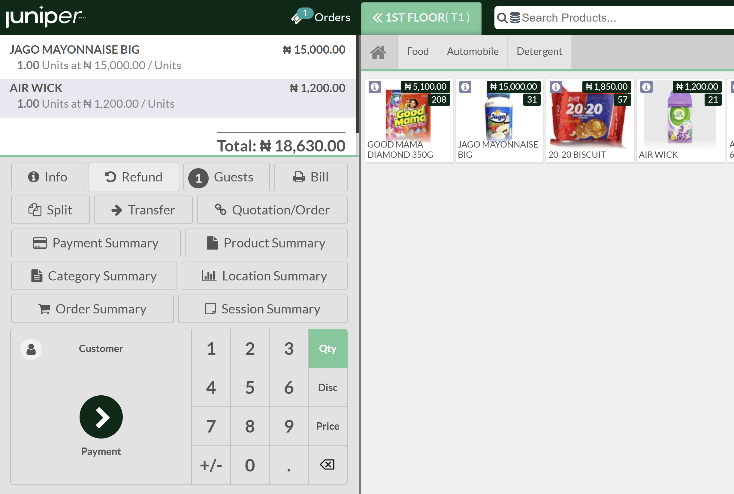 View of the pos interface to register orders