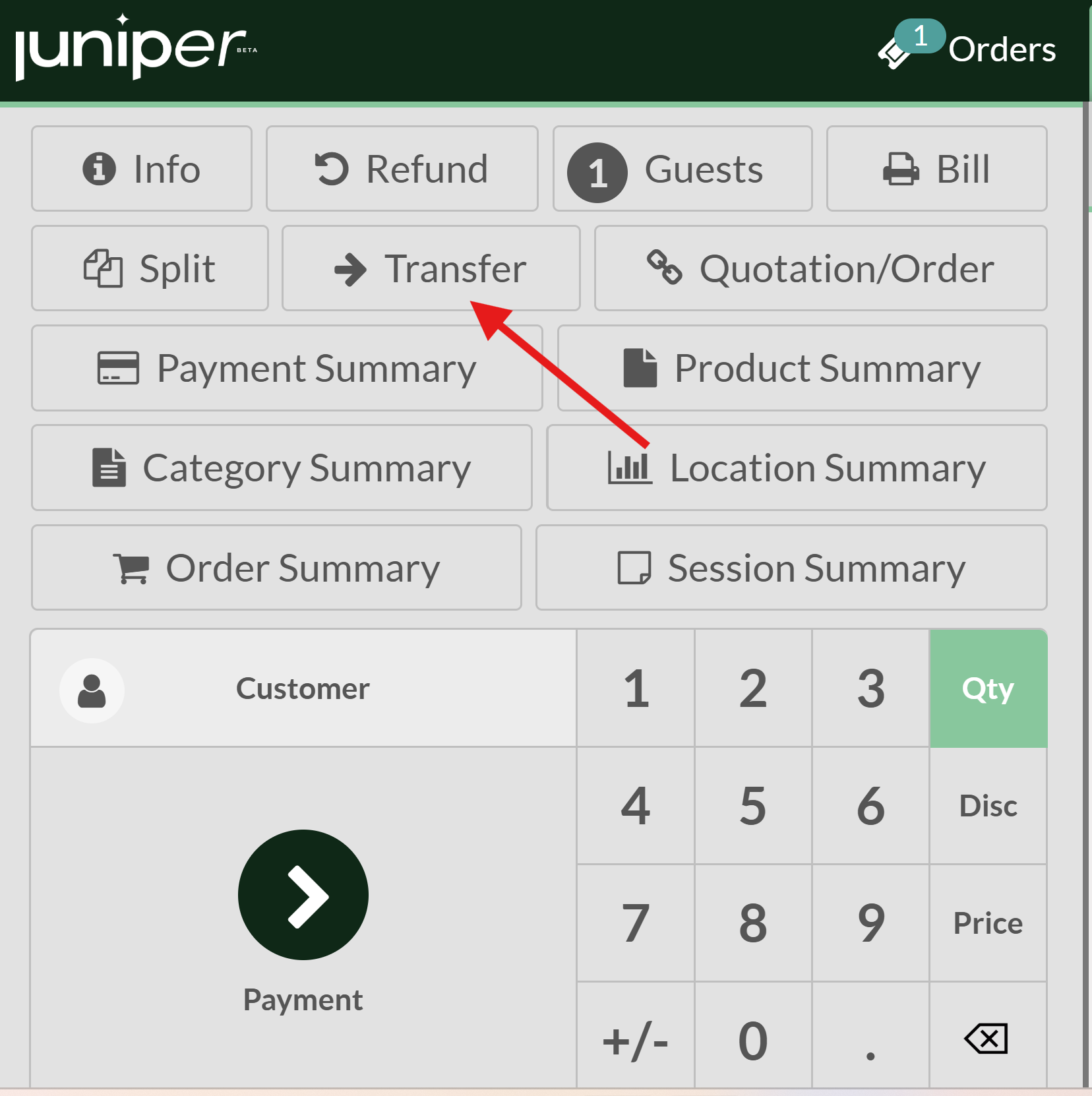 View of the pos interface and transfer button. How to transfer customers from one table to another