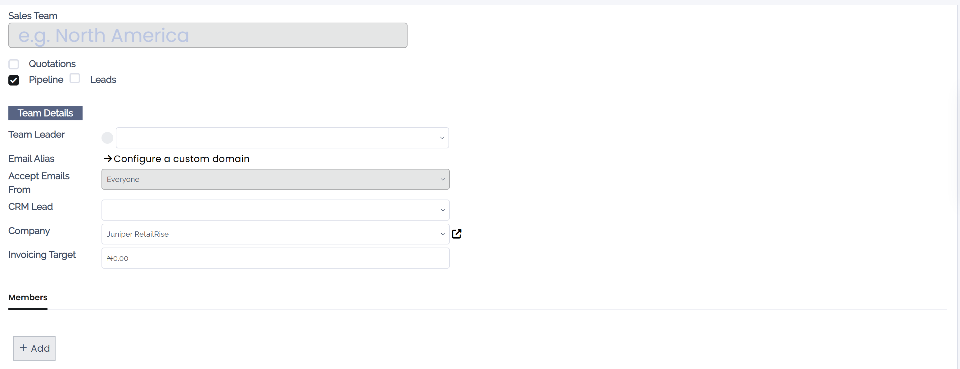 Create a sales team in Juniper CRM.